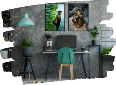 Photo d'un bureau décoré avec un tableau singe