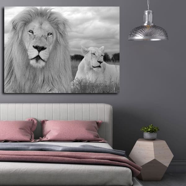 Tableau Lion Lionne Noir Et Blanc au mur