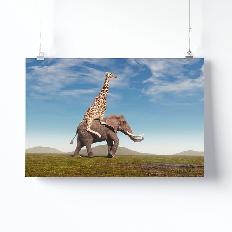 Tableau Girafe Éléphant Version Affiche Photo Imprimée