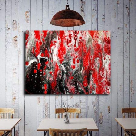 Tableau Abstrait Contemporain Gris Et Rouge au mur