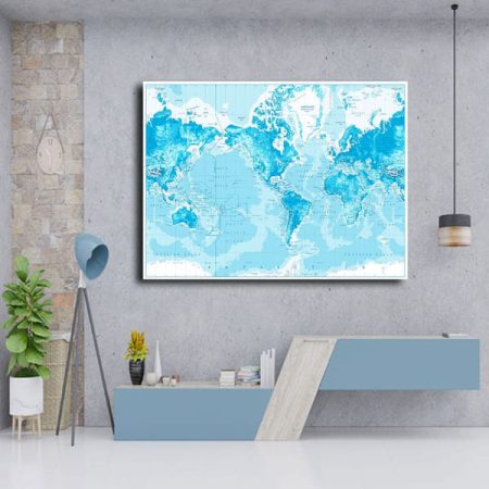 Tableau Carte Du Monde Bleu Turquoise au mur