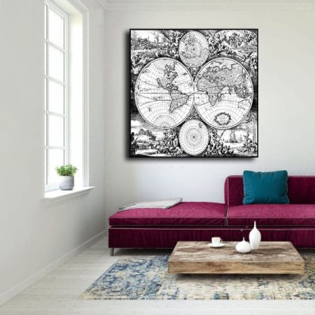 Tableau Carte Du Monde Noir Et Blanc au mur