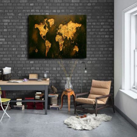 Tableau Carte Du Monde Noir Et Or au mur